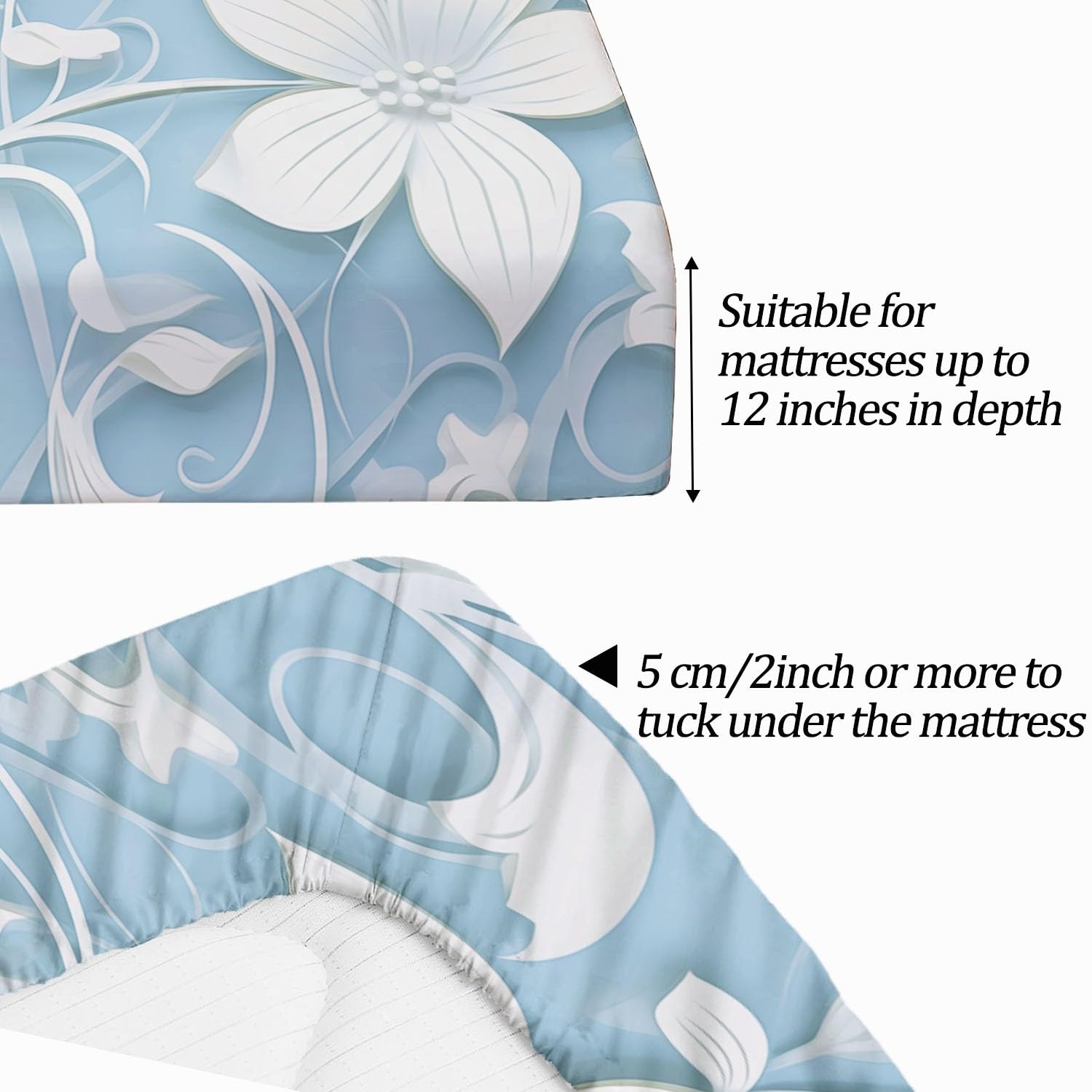 Drap Housse 140 x 190 cm - Minimal Élégant Floral Vignes Thème Drap-Housse en Microfibre avec Coins Élastiqués, Bleu Clair Respirant Draps-Housses pour Matelas de 30 cm Haut