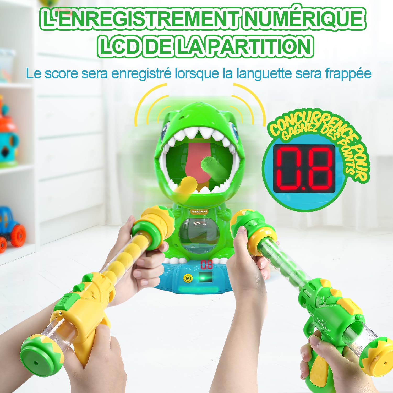 EagleStone Jouets de tir de dinosaure mobiles pour enfants de 5 à 7 ans avec pulvérisation, jouet de jeu de cible électronique avec 2 pistolets à pompe, 48 balles en mousse, jouets de Noël avec enregi