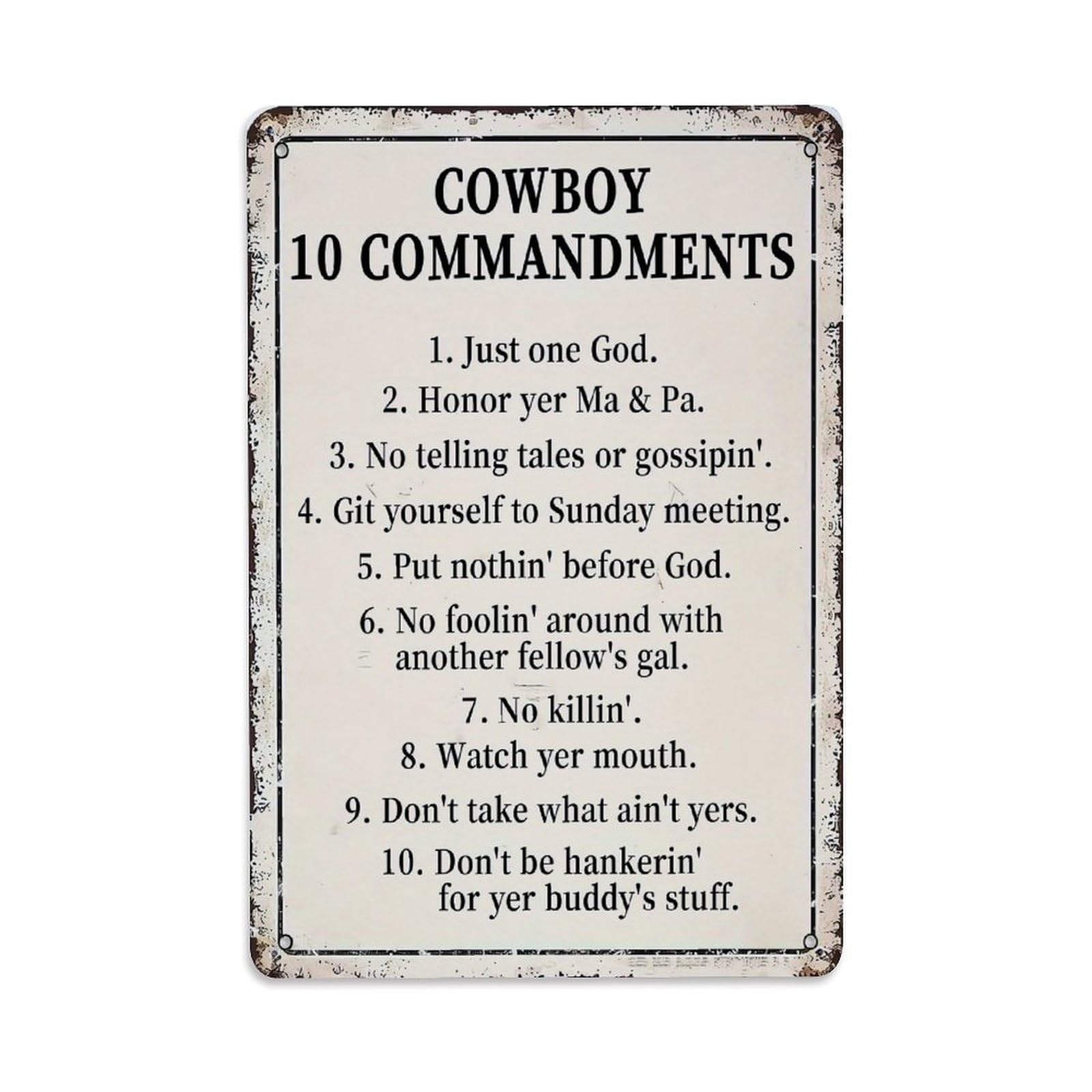 Jdfenggu Vintage Cowboy Commandments Rustic Metal Sign Retro Metal Tin Sign, Decor Art Poster For Bar, Home, Man Cave, Kitchen, Laundry Room Gift 8X12inch
