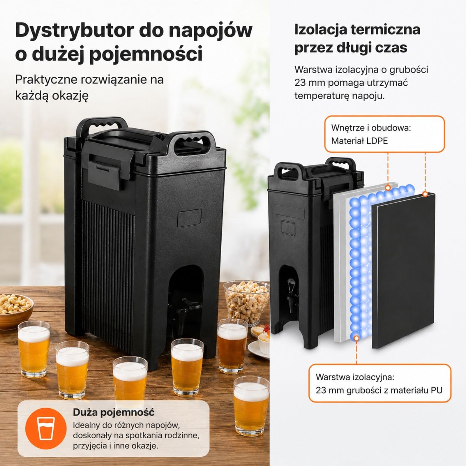 Dozownik napojów 18,9 l z LDPE z kranikiem i uchwytami do kawy, mleka, wody oraz soku