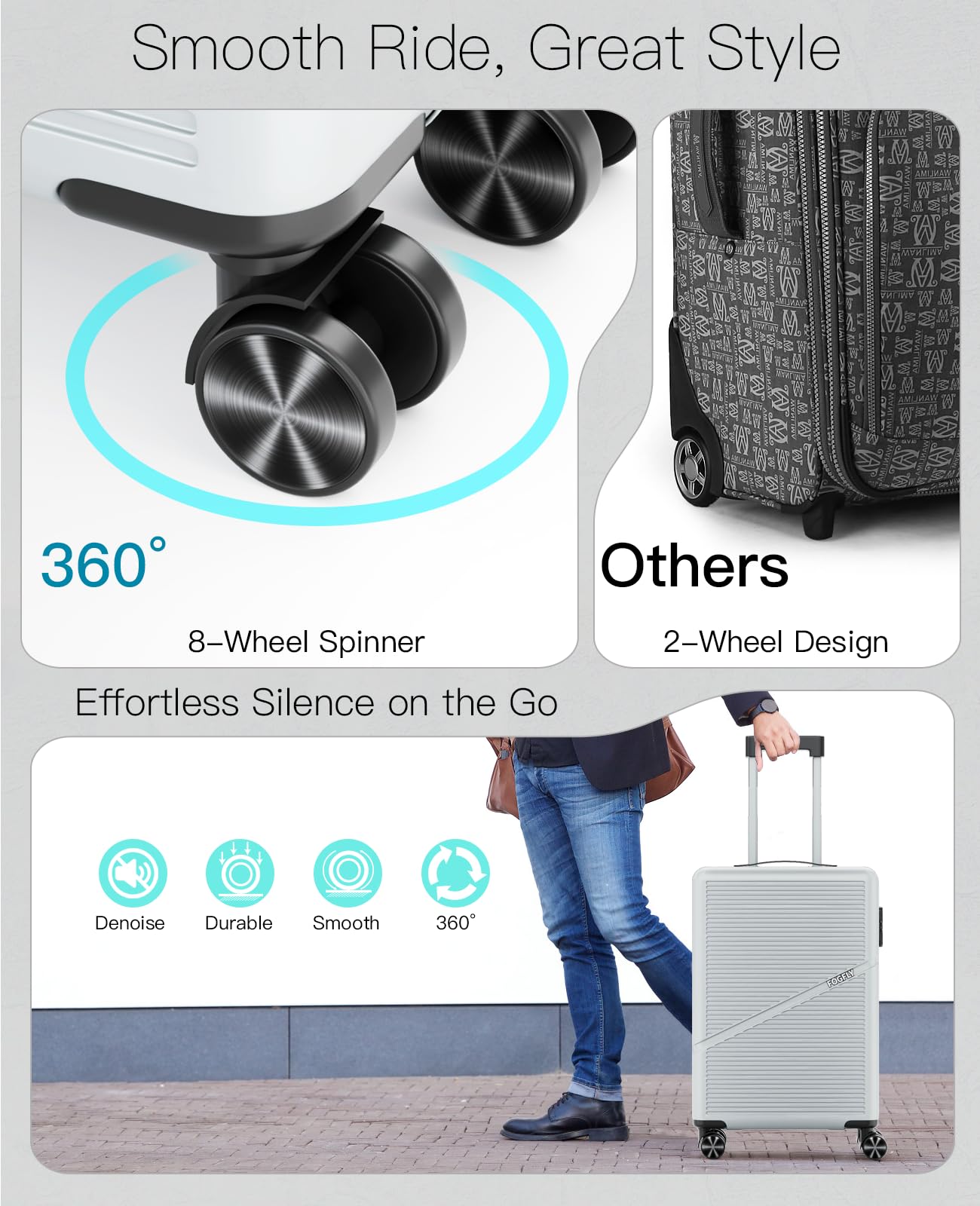 Valigia rigida con ruote girevoli, approvata dalle compagnie aeree da 50,8 cm, leggera, con serratura TSA e porta di ricarica USB per viaggi, Grigio, Valigia rigida leggera con serratura Tsa e porta