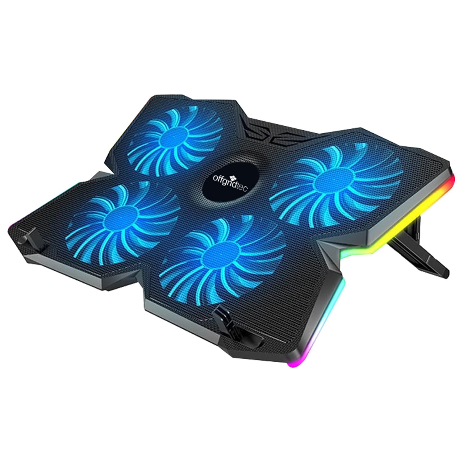 Offgridtec Laptop Cooler K25 Pro, Ventilated Stand with 4 Quiet Fans at 1100 RPM, 2 USB Ports, Height Adjustable, Ergonomic Design for Gaming Consoles & Laptops, Blue