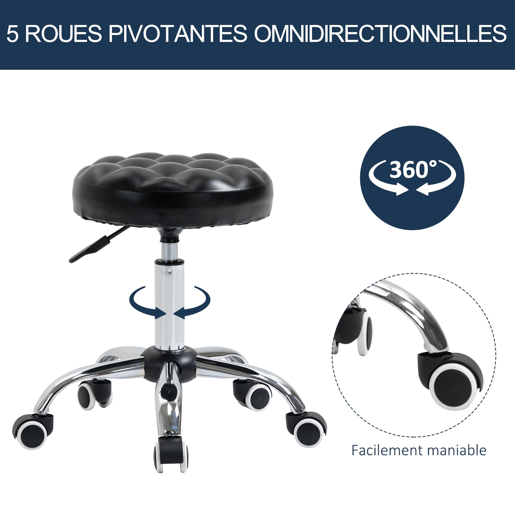 HOMCOM Tabouret Massage à roulettes réglable en Hauteur pivotant 360° Assise synthétique capitonnée Noire