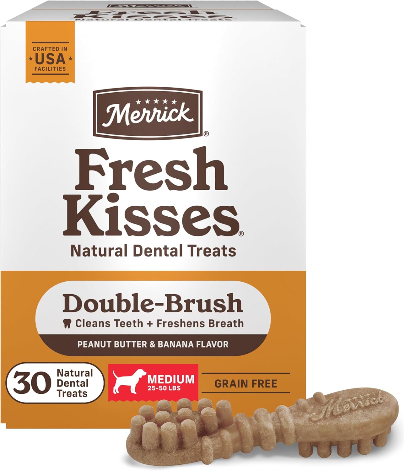 Merrick Fresh Kisses Medium Dental Chews for Dogs Peanut Butter and Banana Flavor, 30 Count Box