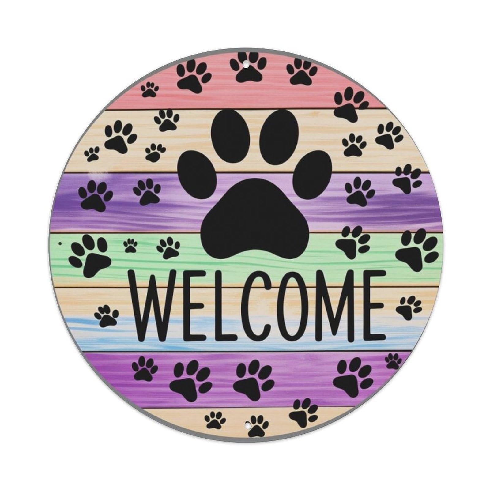 Rainbow Wood Grain Pet Paw Print Welcome Round Decor Sign Vintage Aluminium Metal Sign, Retro Wall Decor for Home, Bar, Garage & Farmhouse 20x20cm