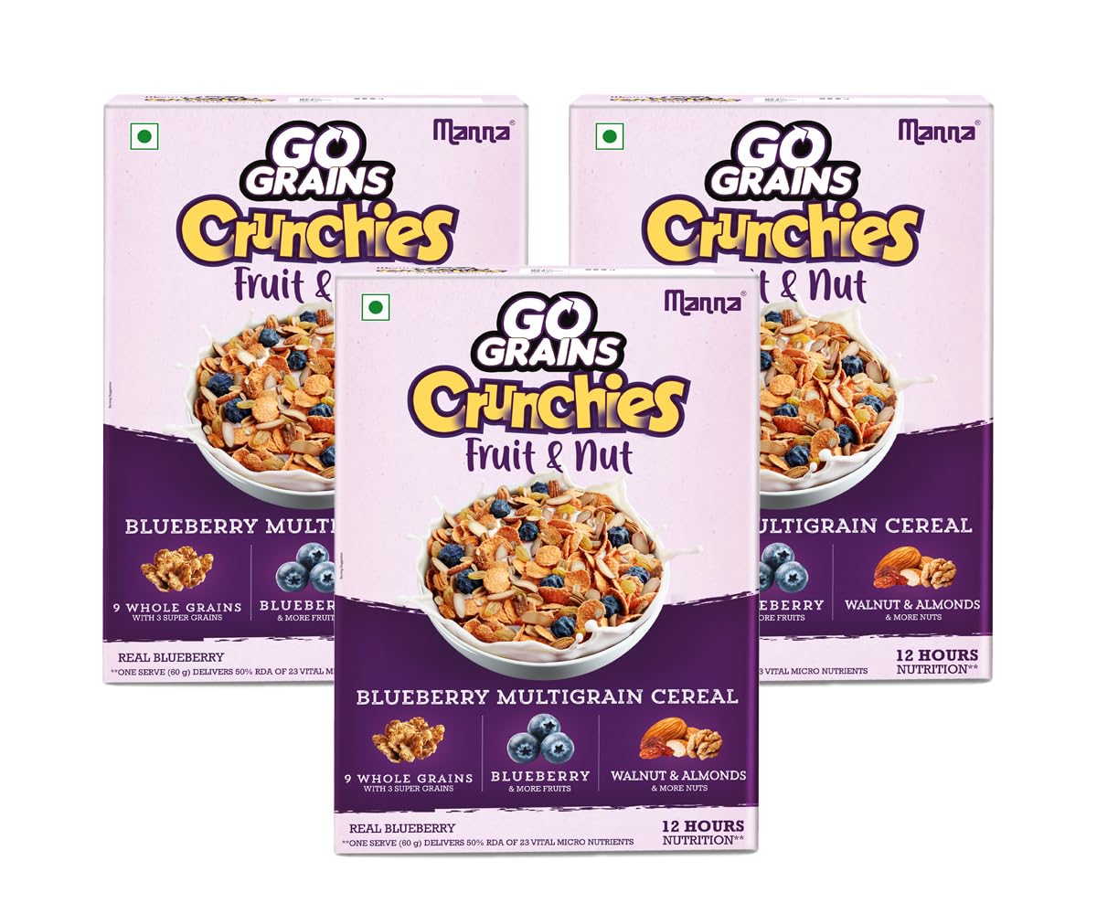 Manna Breakfast Cereal (Multigrain) for Kids 900g, Blueberry | Millets, Nuts & Raisins | Go Grains Crunchies