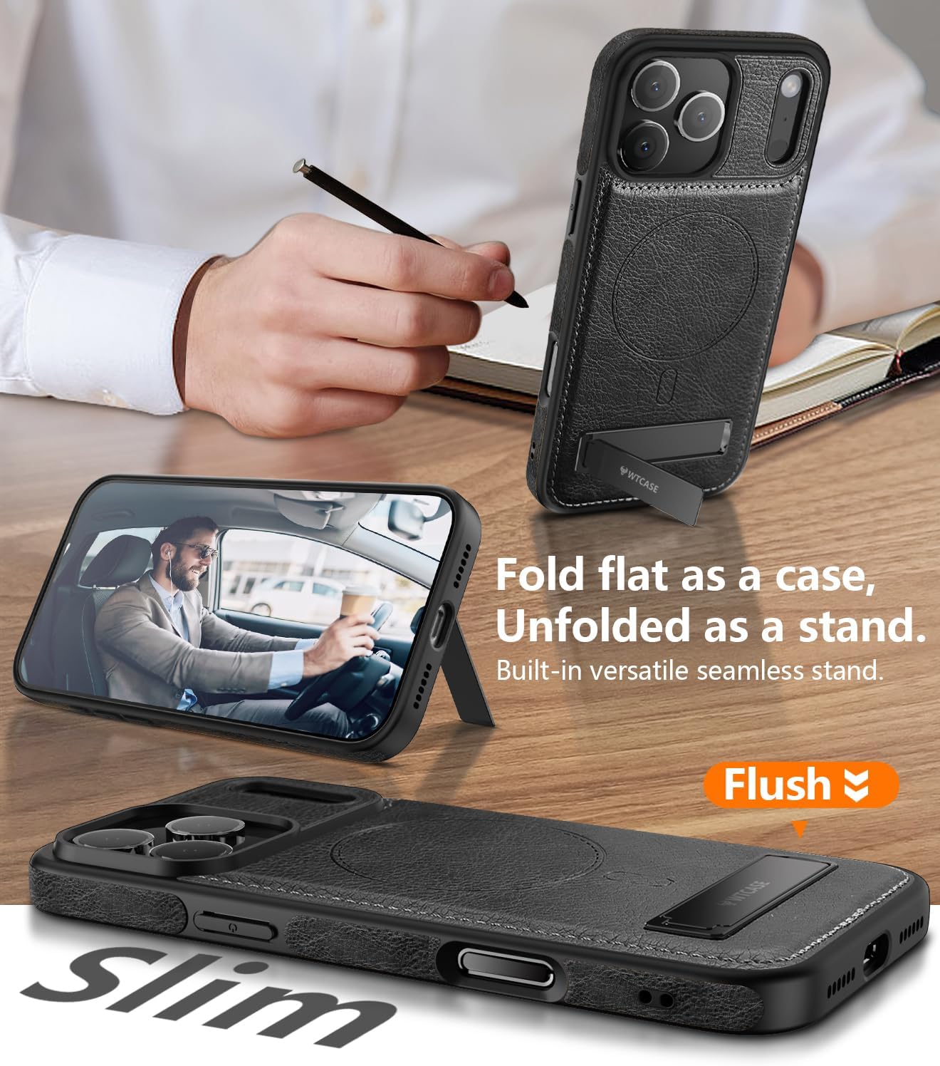 WTCASE Magnetic for iPhone 17 Pro Leather Case,Built-in Invisible Stand [Compatible with Magsafe] Protective Slim Kickstand Phone Cover for iPhone 17 Pro Case, Black