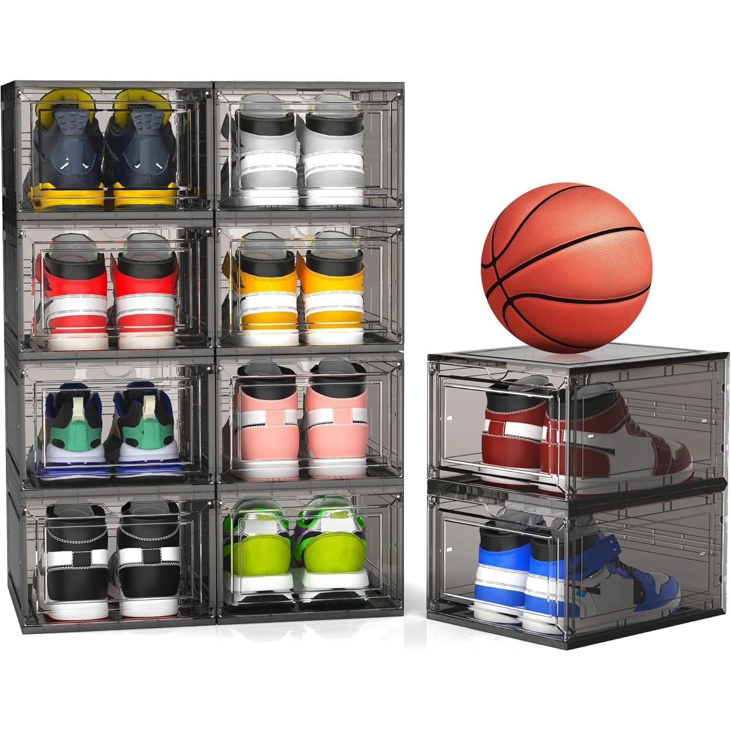 Mitees 10 Pack XX Large Thicken Sturdy Hard Plastic Clear Stackable Shoe Storage Boxes for Size 12, Sneaker Shoe Rack Containers Holders Bins Display Case Organizer for Closet, Grey