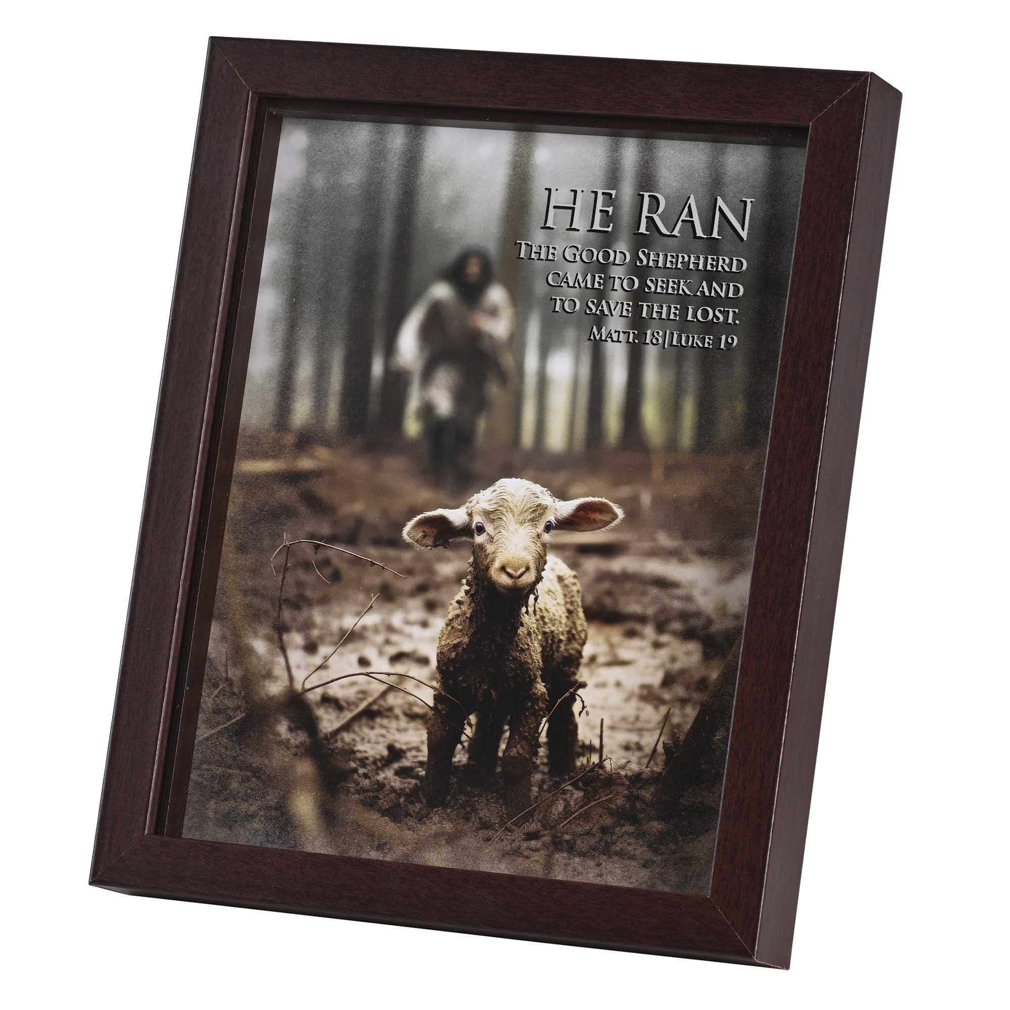 Dicksons The Good Shepherd Matthew 18 Luke 19 Dark Brown Wood and Glass Shadowbox Style Tabletop or Hanging Wall Art 11 x 9 Inch