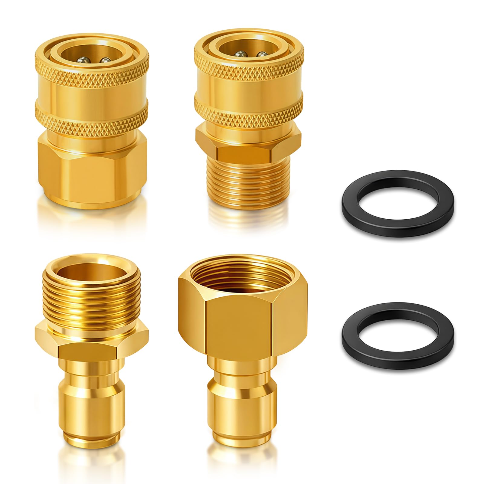 Set di 4 raccordi girevoli a sgancio rapido M22-15 mm a 3/8", set di adattatori per idropulitrice a innesto rapido 3/8, accessori per tubi flessibili per idropulitrice con 2 anelli di tenuta