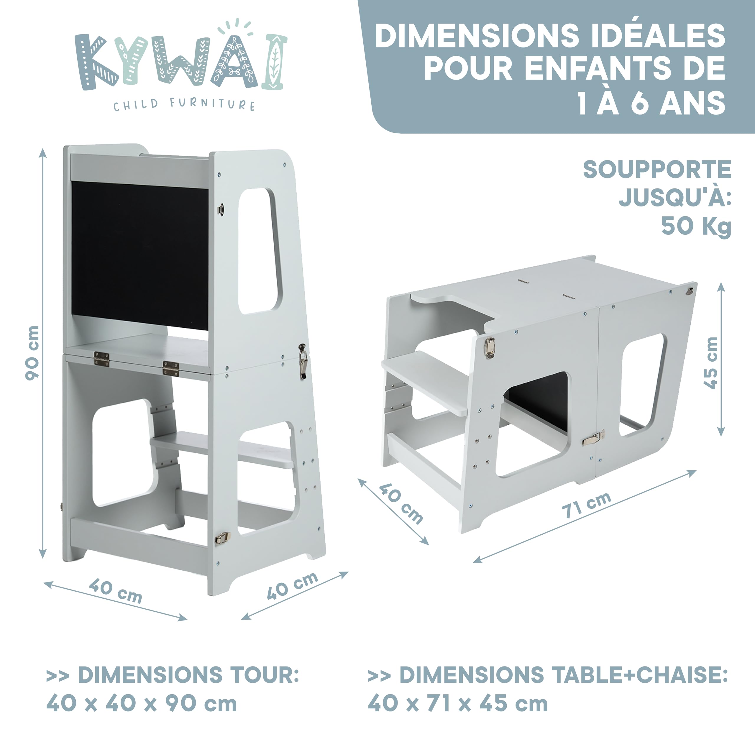 Tour d Observation Enfant en Bois Convertible en Bureau et Tabouret - Tour d'Observation Montessori avec Design Breveté, Fermetures de Sécurité, Finitions Haut de Gamme, Fonction 2-en-1 (Gris)
