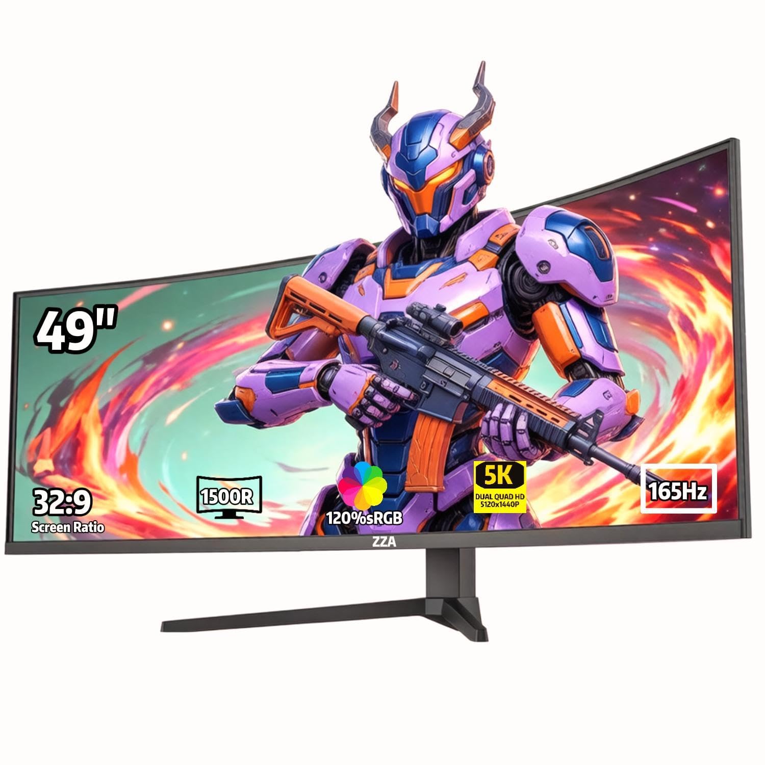 Photo 1 of ZZA 49-Inch Ultra-Wide DQHD Curved Gaming Monitor | 5120x1440, 1500R, 165Hz, AMD FreeSync, 120% sRGB, Height Adjustable, HDMI 2.1/DP 1.4 Wall Mountable- Black