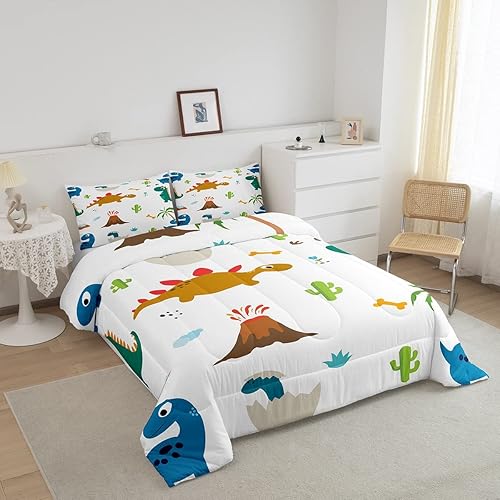 Miniatura 2 de Feelyou Juego de edredón Kawaii de dinosaurio, juego de ropa de cama con patrón de dinosaurio, edredón acolchado de animales salvajes para niños,