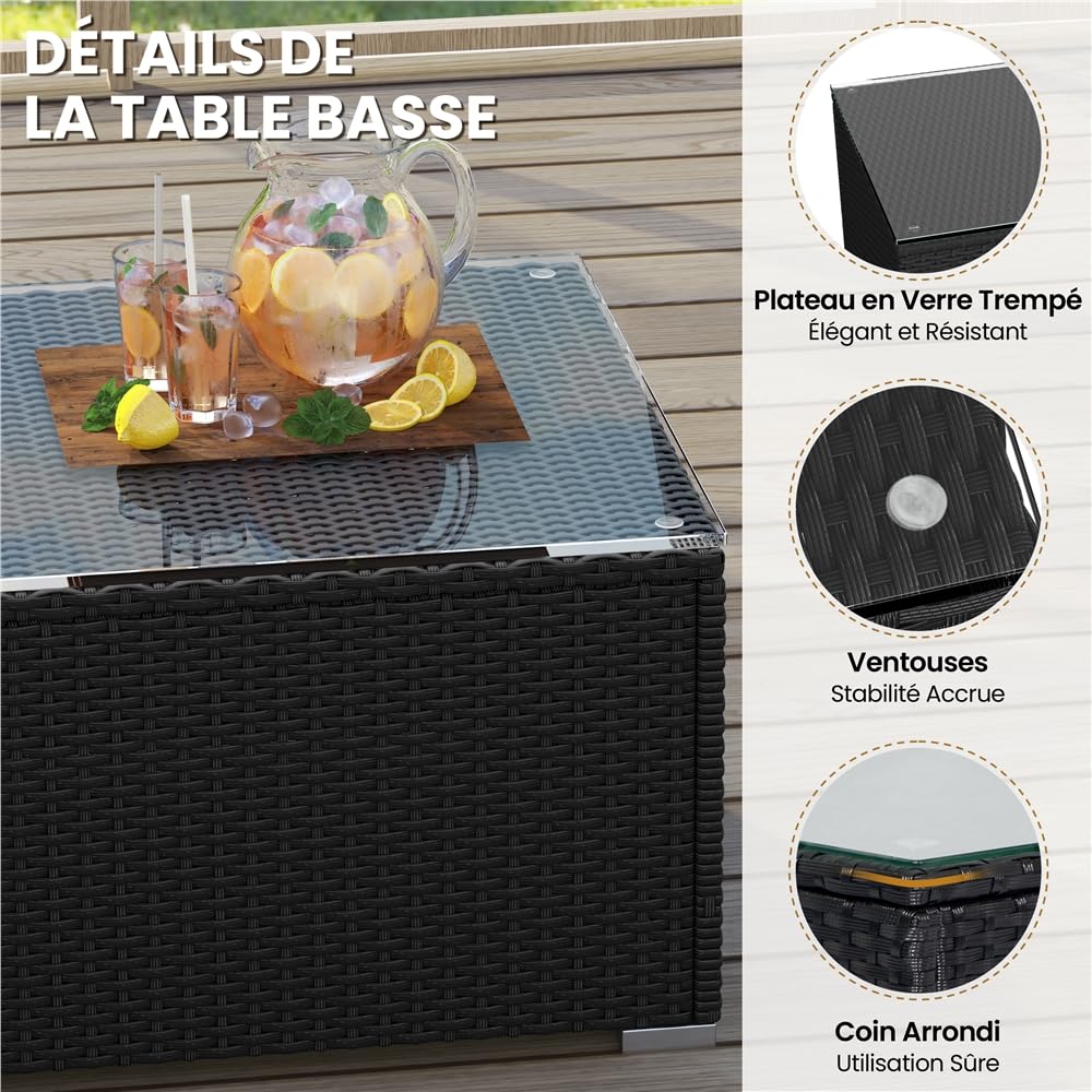 Yaheetech Salon de Jardin Exterieur 4 Personnes en Polyrotin Ensemble Mobilier de Jardin 5 Pièces avec 3 Canapé Modulables 1 Table Basse 1 Ottomane pour Balcon Bistro Patio Terrasse Noir/Beige