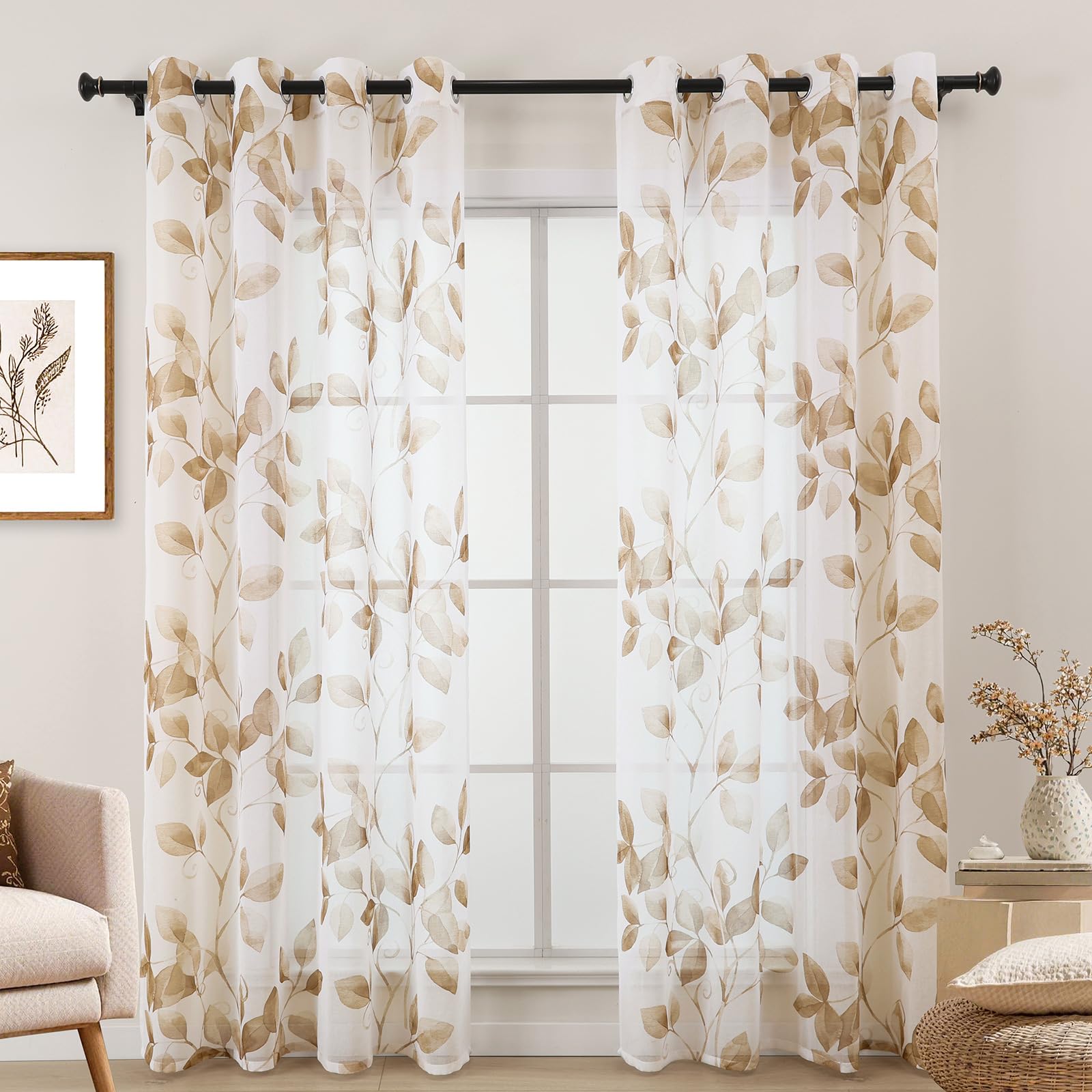 L.Z.E Gardine Taupe Braun für Erker Fenster, Transparenter Vorhang Sand Weiß mit Ösen Kurz, Durchsichtige Gardinen Vorhänge für Wohnzimmer Schlafzimmer 2er Set Blätter Muster Ösenschals, 175 cmm Länge