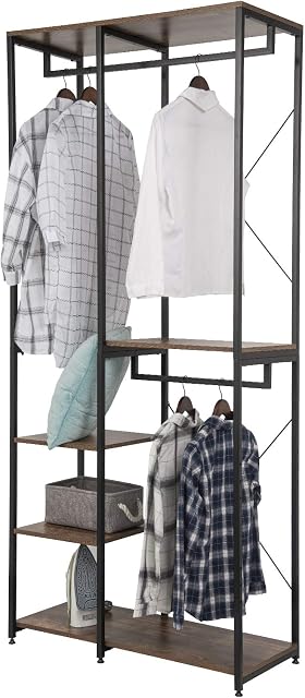 Heavy Duty Adjustable Clothes Rail, Double Rod Garment Rack,Wooden Coat Stand Clothings Wadrobe Organizer, 5 Tiers Metal Storage Shoe Rack Cabinet Shelves Shelving Unit Vintage