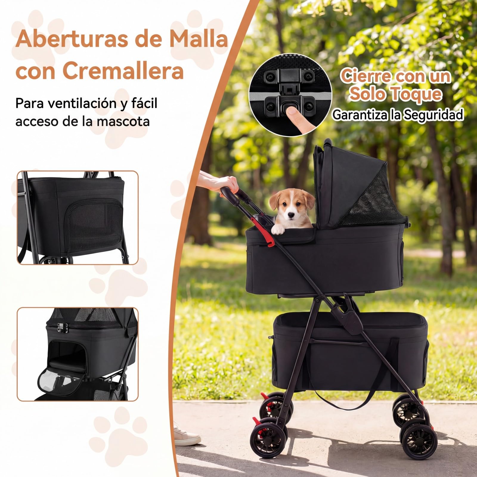 COSTWAY Carrito para Perros Plegable Doble 3 en 1, Cochecito para Perros con 2 Portadores Desmontables, Ruedas con Freno, Malla Transpirable, Portavasos, Carro para Mascotas hasta 15 kg (Negro)
