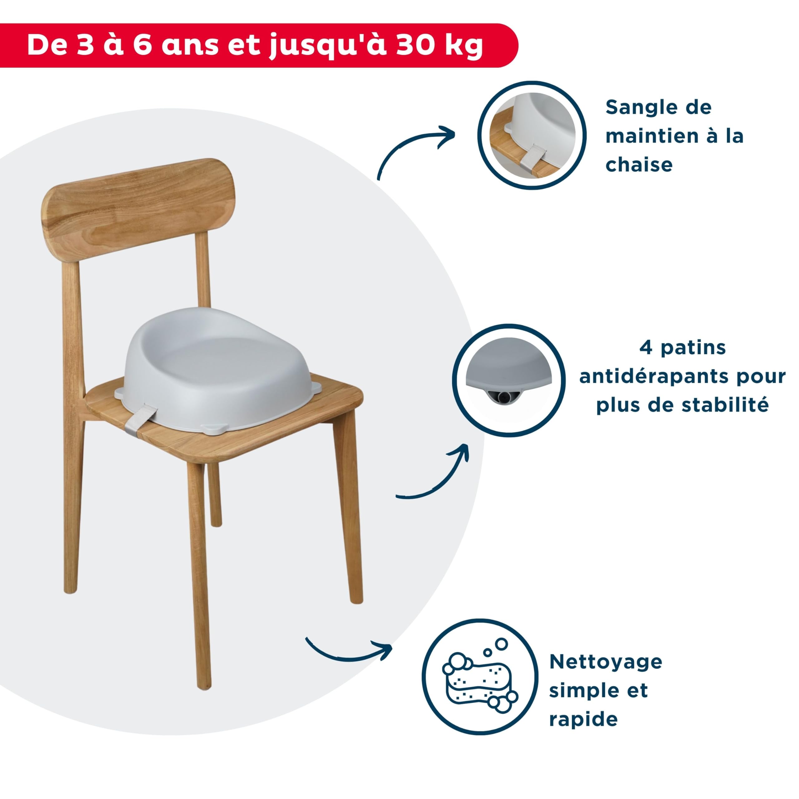 THERMOBABY - Rehausseur de chaise EASY - Rehausseur - Enfant de 3 à 6 ans (ou jusqu'à 30 Kg) - Confortable - Léger et Transportable - facile d'installation - Gris Charme - Fabriqué en France
