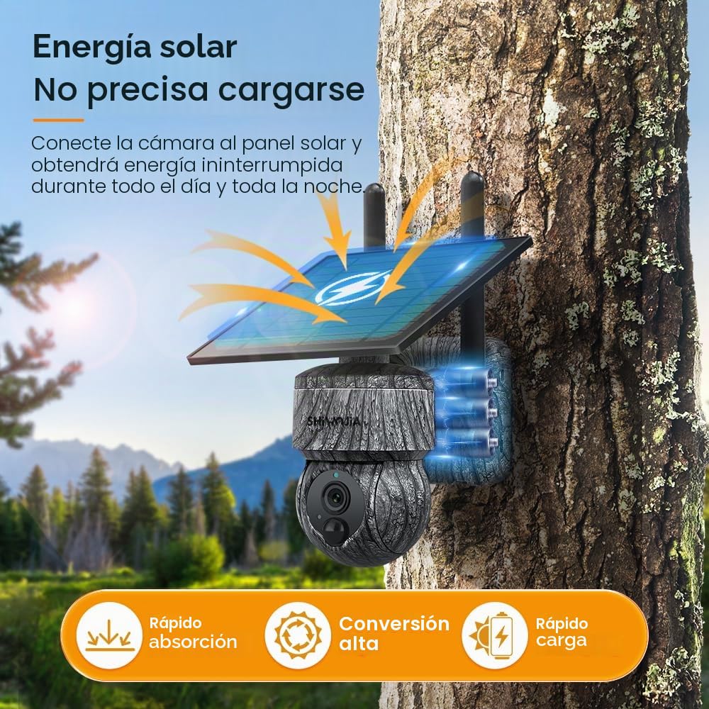 SHIWOJIA 4G LTE Cámara de Vigilancia Exterior Solar, 2K 360° PTZ Cámara de Seguridad Solar con Tarjeta SIM, Audio de 2 vías, Sensor de Movimiento PIR