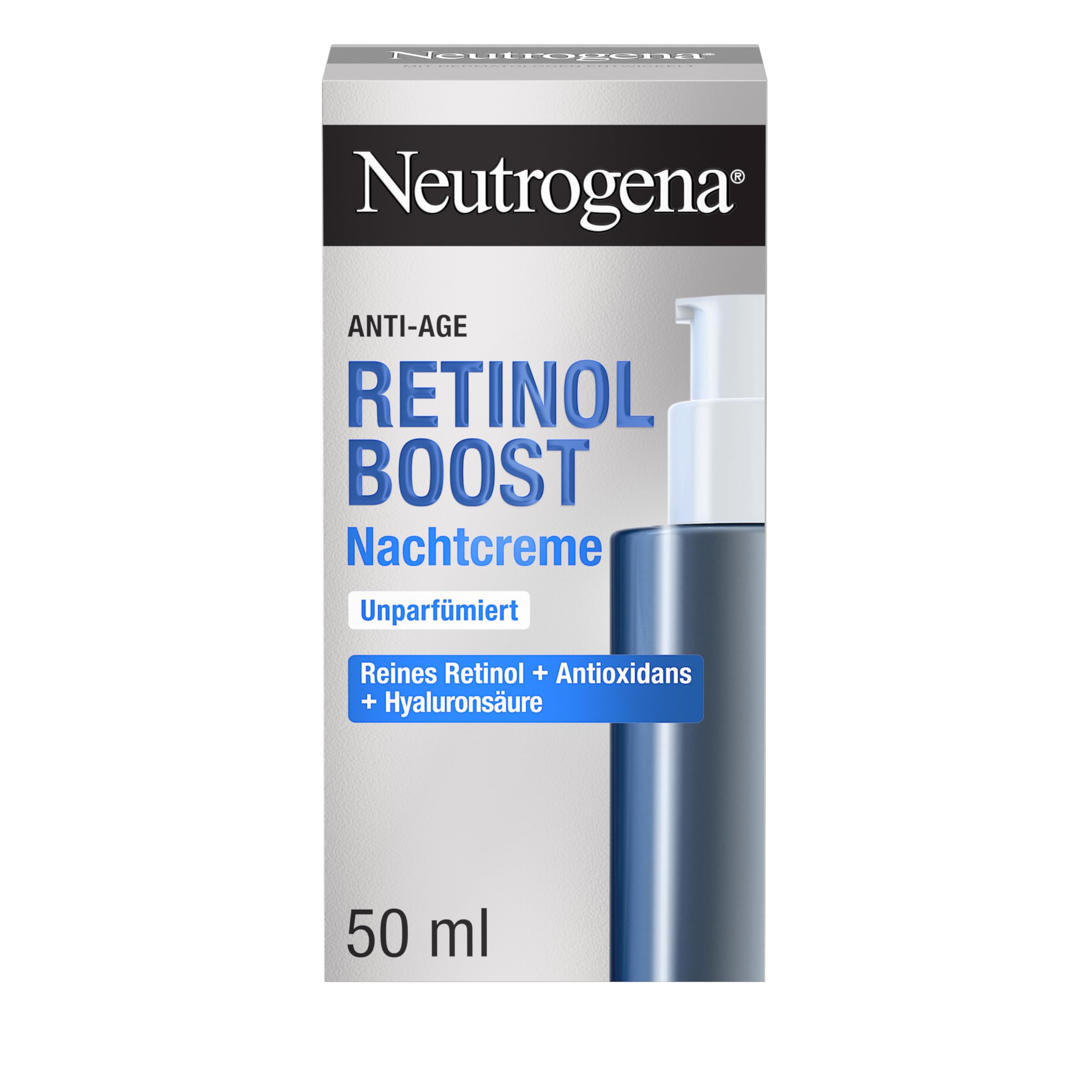 Neutrogena Retinol Boost Nachtcreme 50 ml, Anti-Aging Pflege mit Retinol, Hyaluronsäure und Antioxidans, unparfümierte Gesichtscreme gegen Falten und für straffere Haut