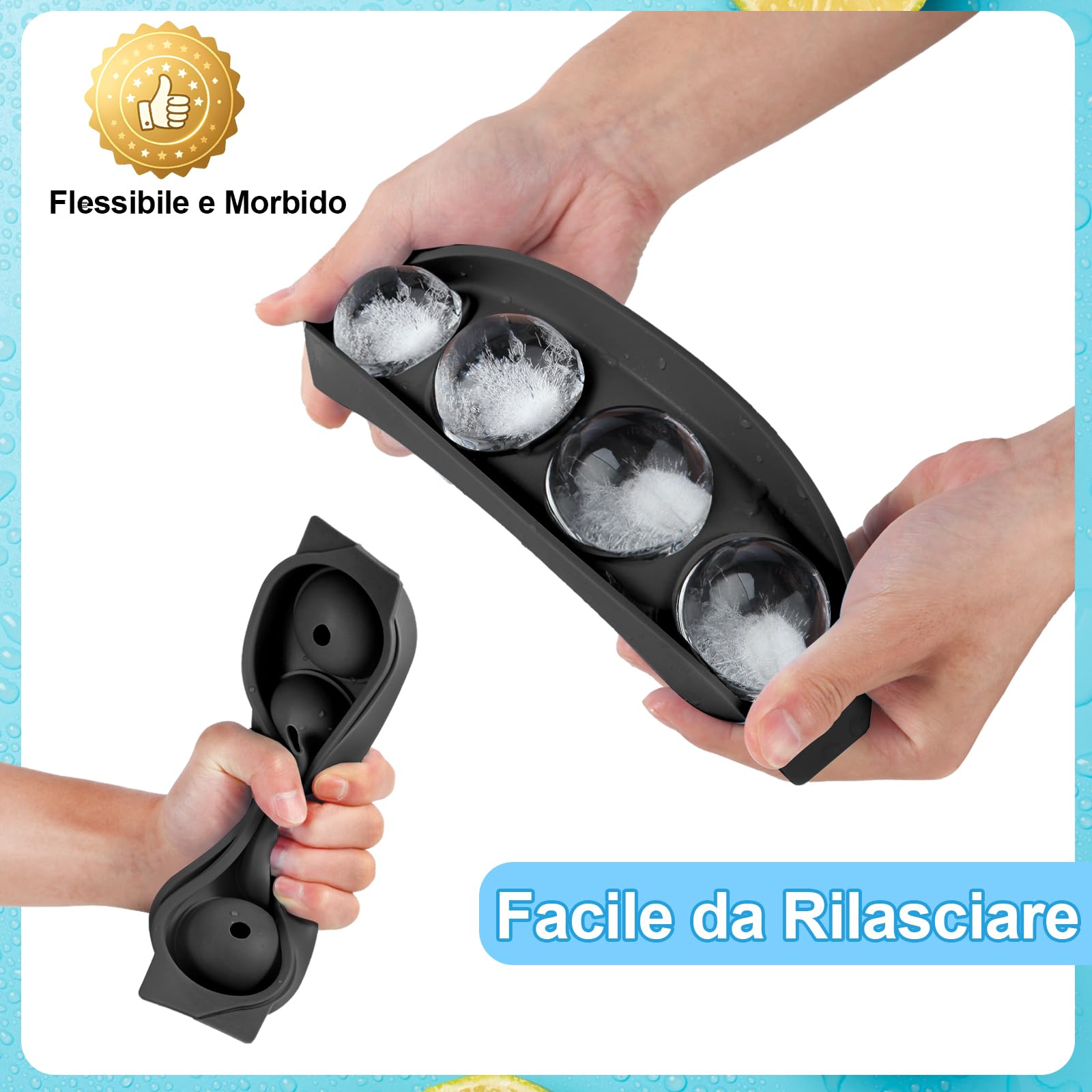 Ghiaccio Stampo Silicone, 4 Rotondo Cubetti Ghiaccio con Coperchio, 4.5cm Grandi Formine Cubi Ghiaccio Silicone Ice Cube Tray per Birra Cocktail Whisky Vino Puree di Frutta Gelati - Nero
