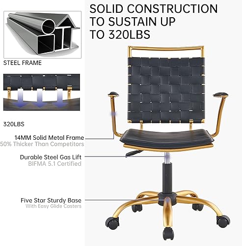 Miniatura 6 de Silla de oficina moderna de cuero, color dorado y negro, bonita silla de conferencias con respaldo medio con ruedas y brazos, cómoda silla giratoria