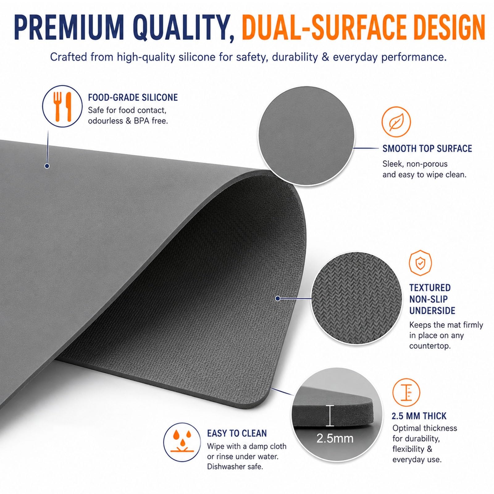 Tappetino Antiscivolo Da Cucina Resistente Al Calore, Spessore 2,5 Mm | Tappetino Da Banco Extra Large, Impermeabile, Multiuso, Facile Da Pulire(Gray,60x120cm)
