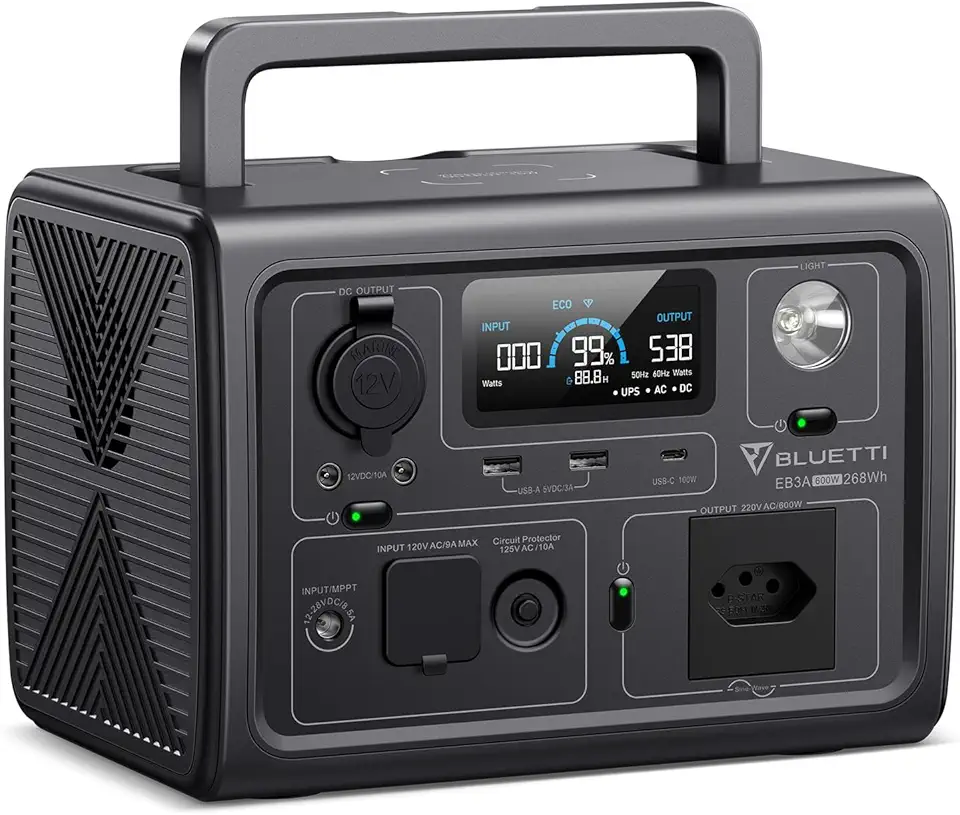 BLUETTI EB3A Gerador de Energia Solar, Bateria LiFePO4 de 268Wh com 1 Tomada CA de 220V / 600W (Pico de 1200W), Recarregue de 0 a 80% em 30 Min, Estação de Energia Portátil para Camping, Viagem