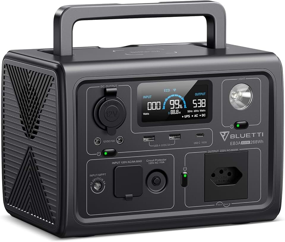 BLUETTI EB3A Gerador de Energia Solar, Bateria LiFePO4 de 268Wh com 1 Tomada CA de 220V / 600W (Pico de 1200W), Recarregue de 0 a 80% em 30 Min, Estação de Energia Portátil para Camping, Viagem