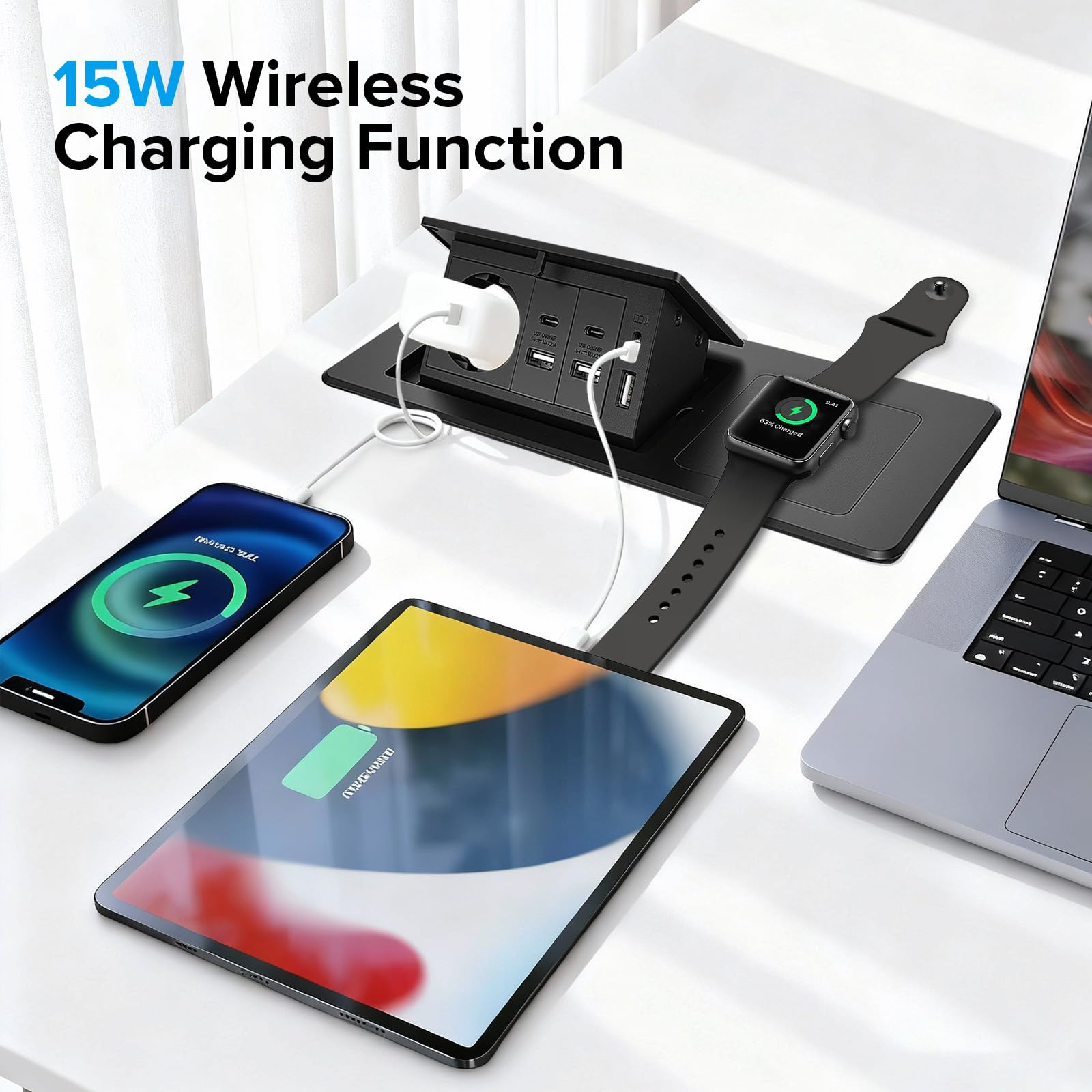 Multipresa da Incasso a Scomparsa, 1AC, 3USB A & USB C, PD20W, Wireless 15W
