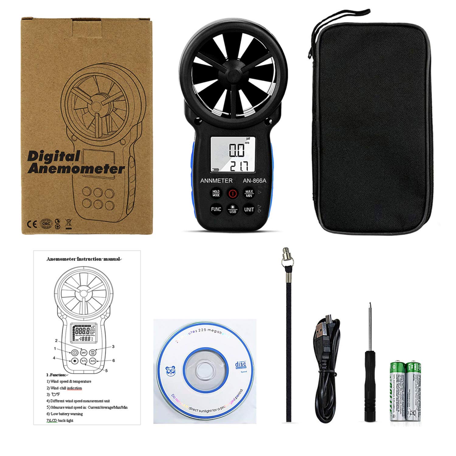 ANNMETER AN866A Digital Anemometer, CFM Wind Speed Gauge, Air Flow