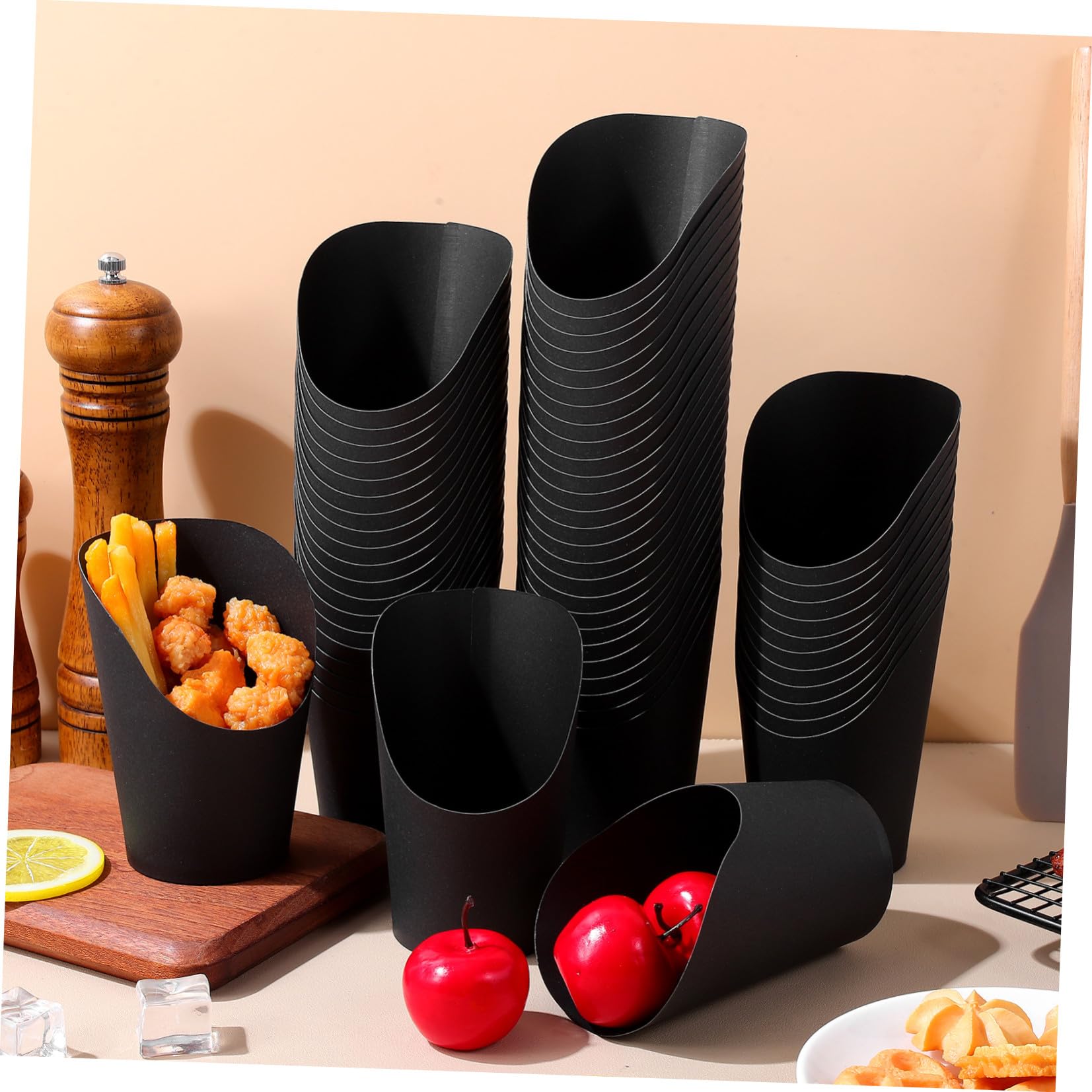 Wiederverwendbar Wurstbecher und Abgeschrägtem Öffnungsdesign 100 Stück aus Schwarzem Papier mit 14oz Fassungsvermögen Stabiler Snackbehälter für Party und Zuhause