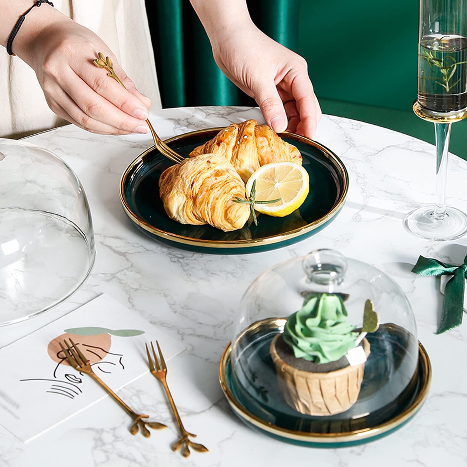 Soporte para Tartas Pantalla de Pastel Verde con Cubierta de Cristal Phnom Penh Cerámica Postre Mesa Multiusos Pastel Bandeja de pastelería for la Fiesta de té, Boda y cumpleaños Bandejas para Tartas