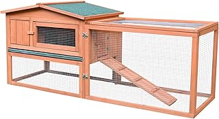 PawHut 61" L Rabbit Hutch 2-Story Bunny Cage Small Animal House with Slide Out Tray, Detachable Run, for Indoor Outdoor