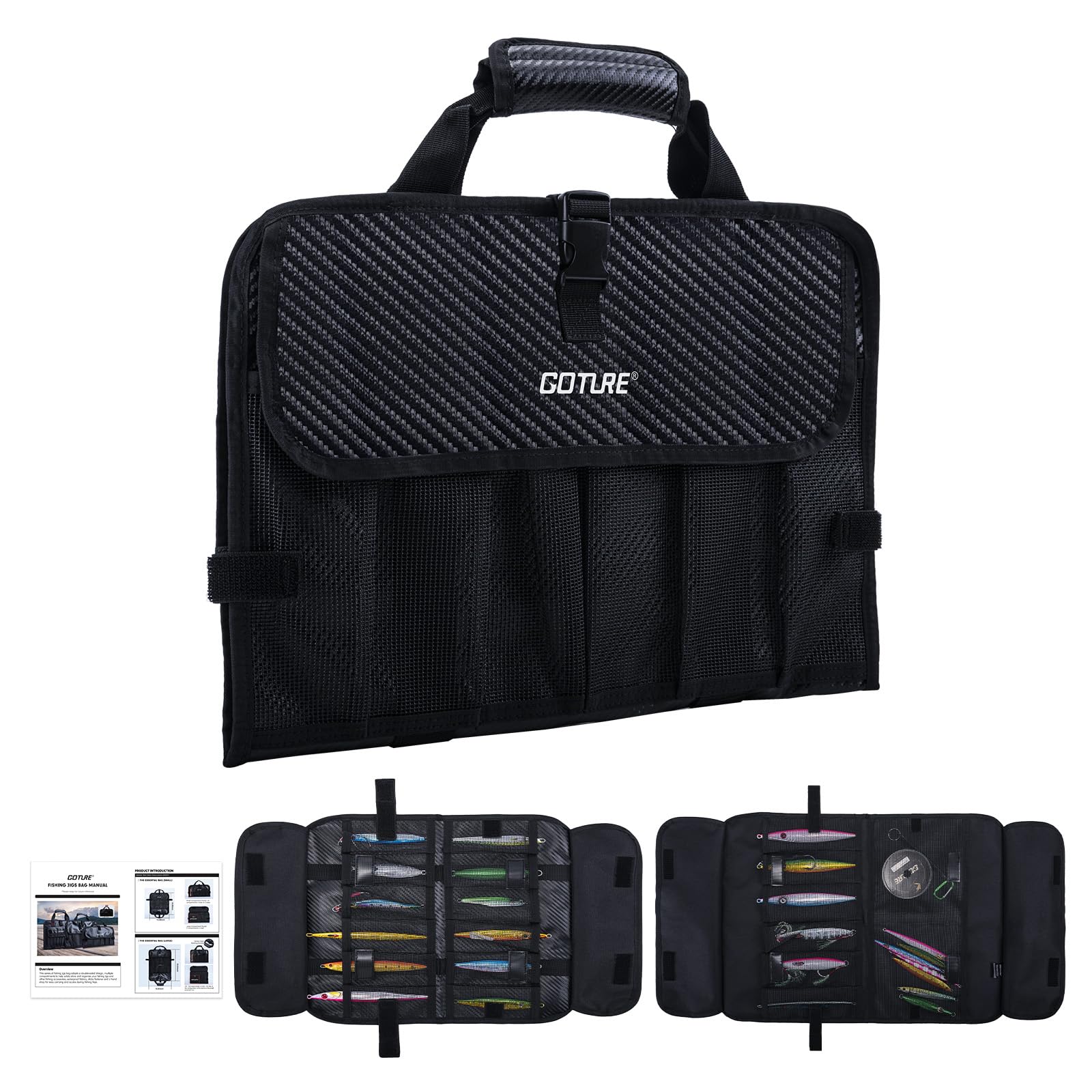 Goture Artificial Bait Bag, Portable Bait Bag, Organized Fishing Storage Bag for Fishing Accessories, Waterproof 600D PU Bait Bag for Seawater and Freshwater with Removable Dividers