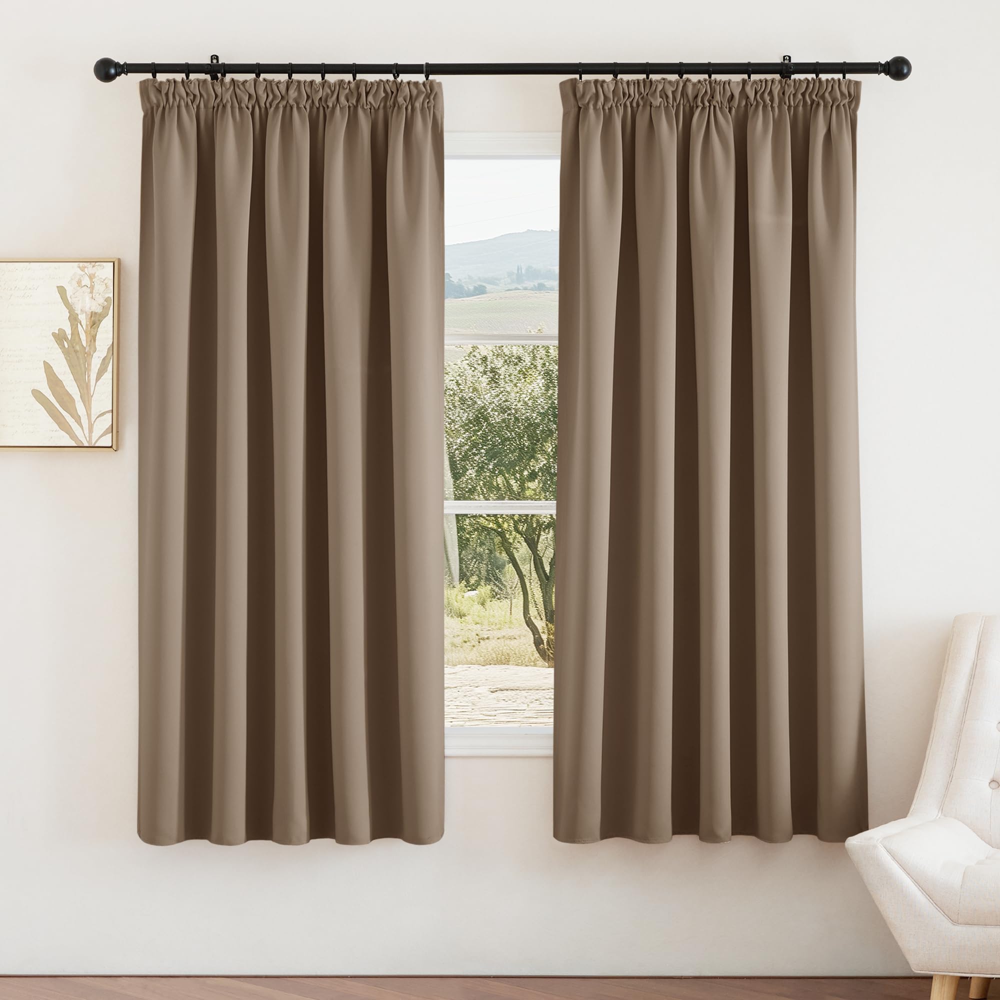 Pony Dance Cappuccino Blackout Thermal Curtains For Bedroom - Plain Room Darkening Bedroom Pencil Pleat Curtains For Nursery Energy Saving Drapes For Living Room, 2 Panels, W66 X L72,