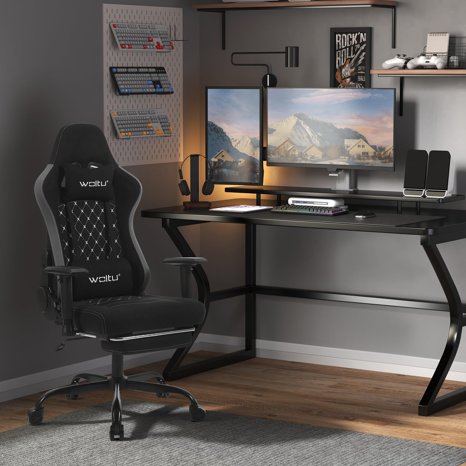WOLTU Sedia Gaming con Massaggiatore, Poltrona Ufficio Ergonomica, Sedia da Scrivania reclinabile, Poggiatesta,Supporto Lombare, 150 kg, Tessuto tecnologico, Nero+Grigio