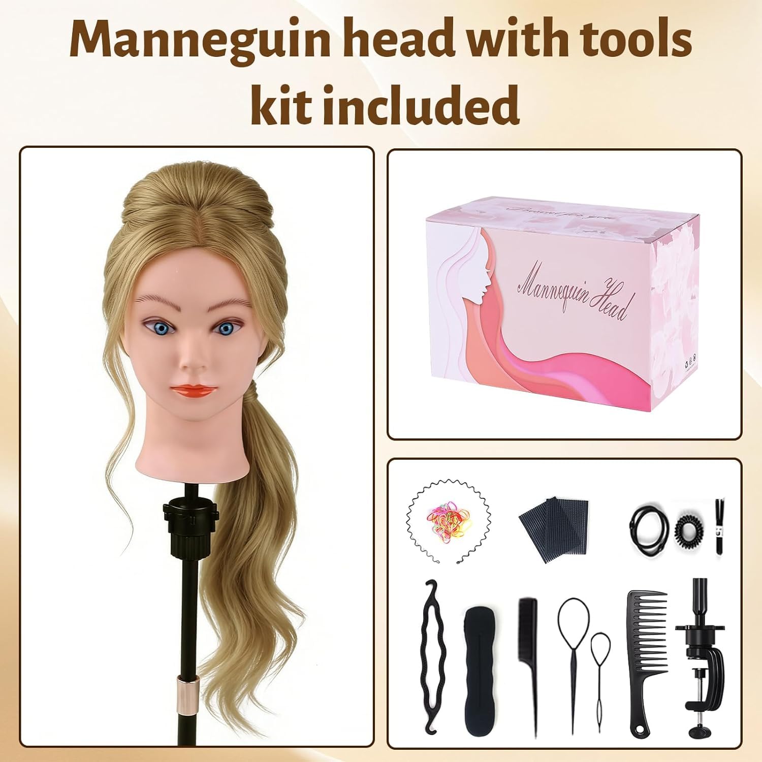 TopDirect Friseur Übungskopf 66 cm, 80% Echthaar-Mix, Haselnussbraun