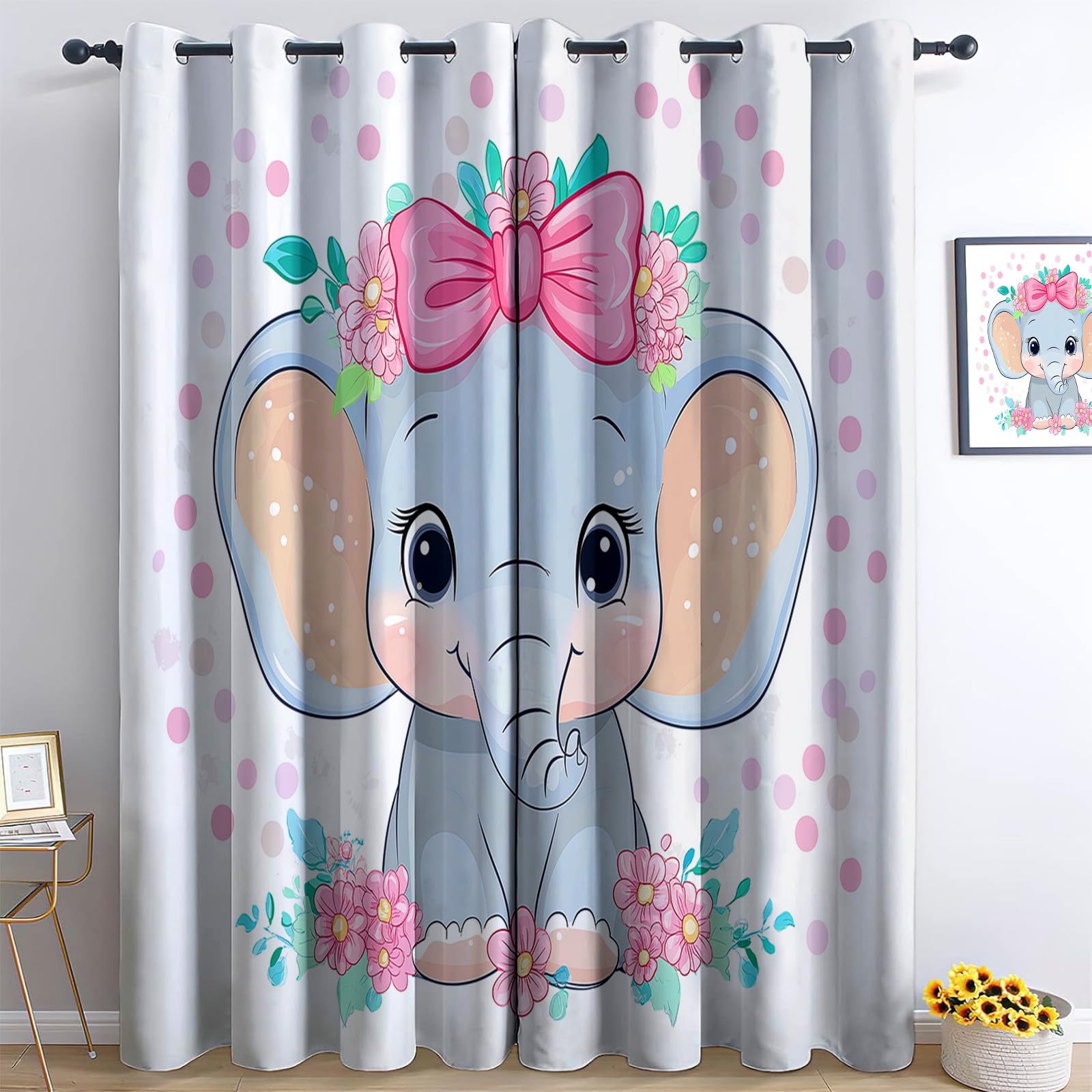 Genérico Cortinas Aislantes Termicas Elefante Bebé De Dibujos Animados con Lazo 2 Piezas con Ojales, 3D Cortinas Opacas para Habitacion Y Dormitorio Sala 140An x 260Al cm