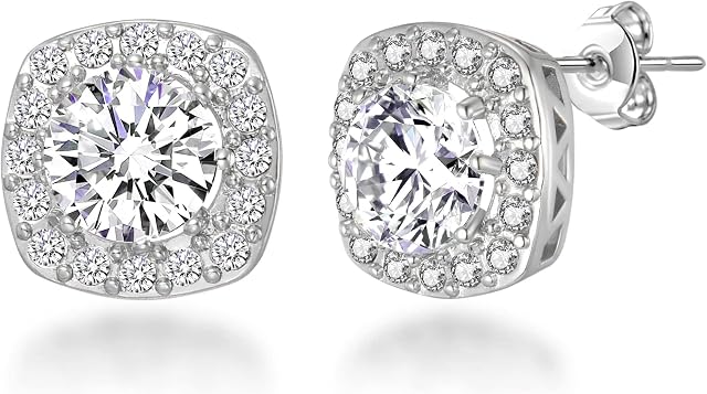 Silver Plated Square Halo Earrings Created with Zircondia® Crystals