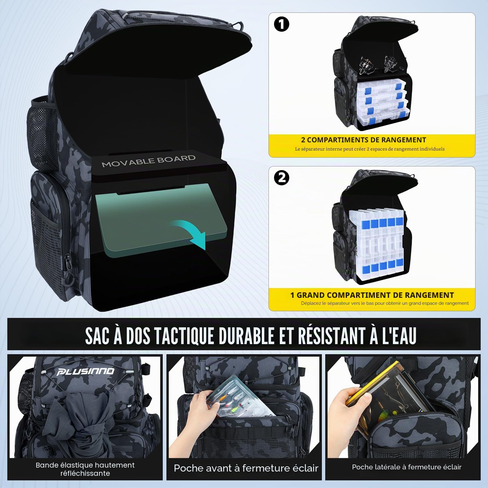 PLUSINNO Sac à dos de pêche avec supports de canne et glacière, grand sac de pêche résistant à l'eau, sac à dos de pêche pour le camping, cadeaux de pêche pour homme, père, camouflage noir, camouflage