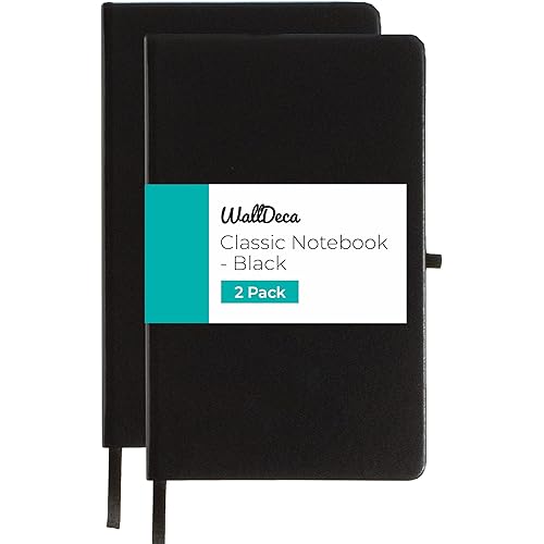 WallDeca Classic Lined Notebook Journal | Hard Cover, 240 Pages, Ruled 8.25 x 5 inches, Ivory 80 GSM Paper | School, Business, College, Notes, Journaling (2-Pack: Black)