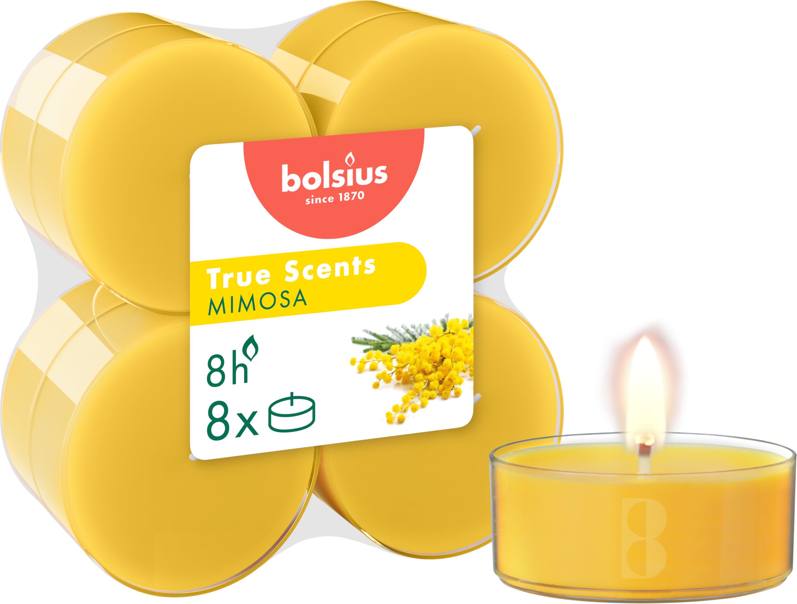 Bolsius True Scents Maxi Perfumy podgrzewacze do naczyń, 8 sztuk, mimoza, długi czas palenia, 8 godzin, świeca wewnętrzna, naturalne ekstrakty, wosk wegański, bez oleju palmowego