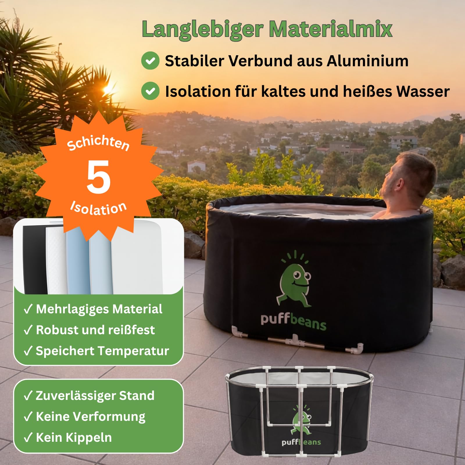 Premium Eisbad oval 120 cm – Faltbare Badewanne & Mobile Eistonne | Kältebad zur Regeneration, Erfrischung für den Sommer, Badewanne für innen & außen, 5x Isolation, Alu-Rahmen, Werkzeuglos
