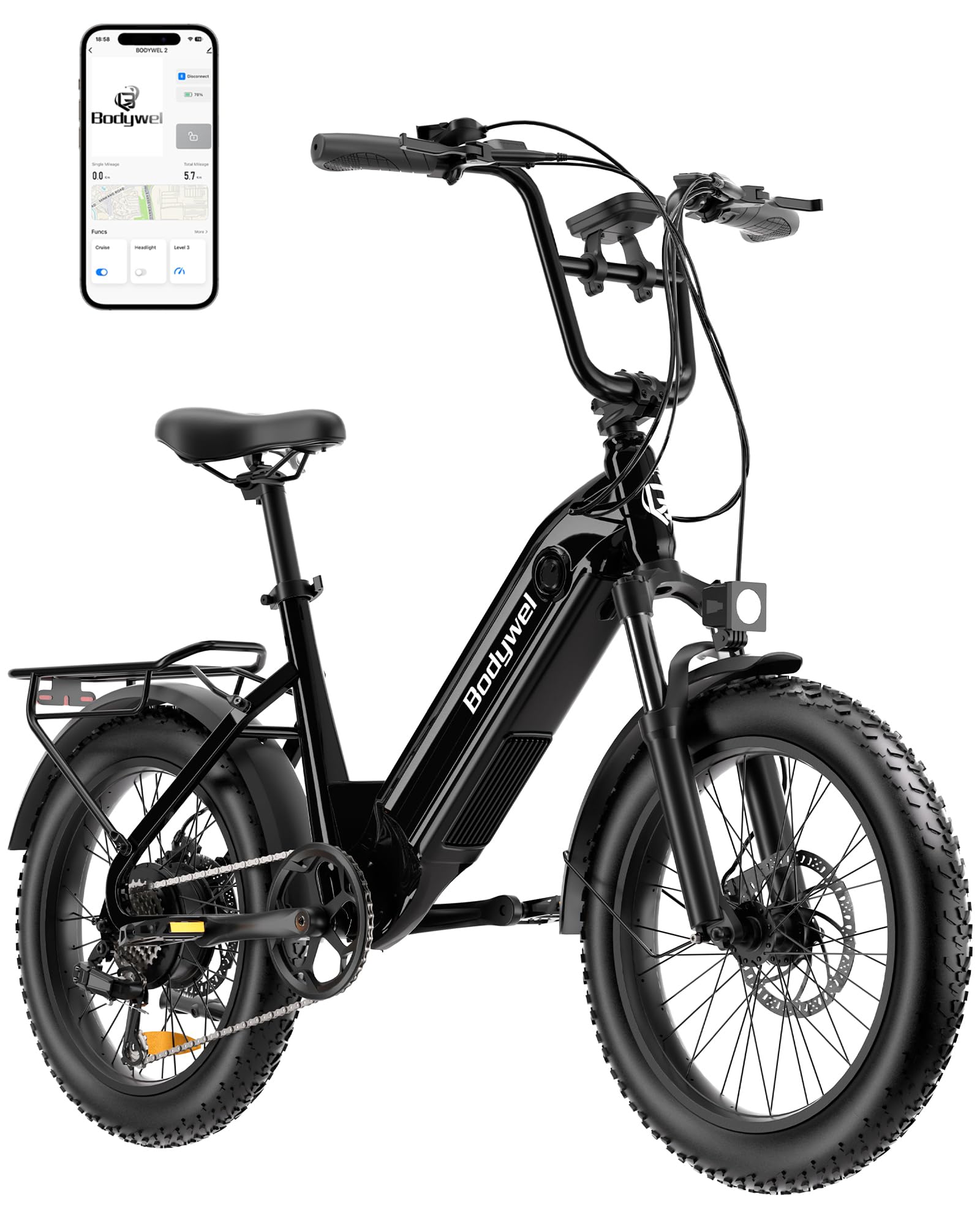 Bodywel F20 Bicicletas Eléctricas Adultos, 20x3” e-Bike Todo Terreno, Batería 48V 15Ah, Motor 250W, 7 Velocidades, Suspensión Ajustable, Frenos de Disco Doble- Plegable