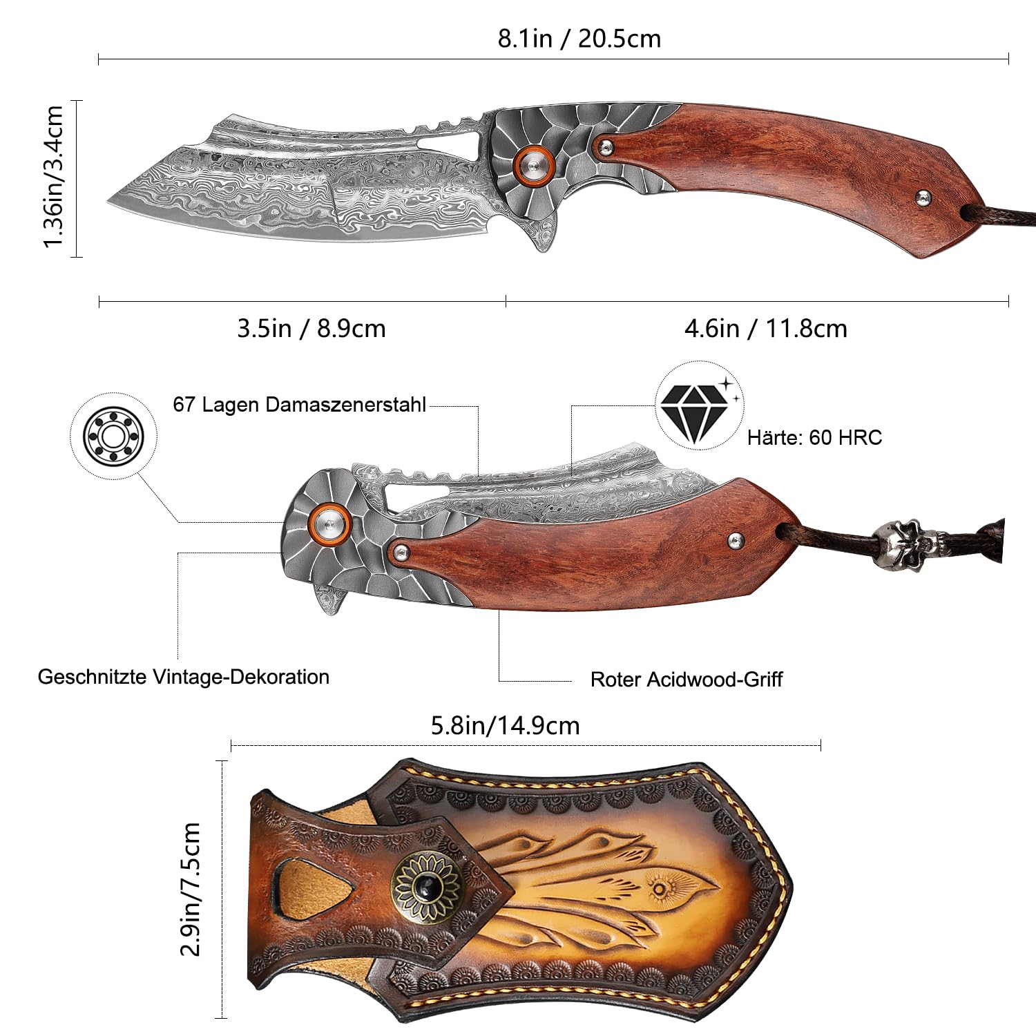 Herren Taschenmesser Damaszener Stahl Handgefertigtes Klappmesser，3.5 in Klinge Palisander Griff，mit Lederetui ，Liner Lock Stahl Kugellager，Taschenclip ，EDC Camping Outdoor Survival Messer