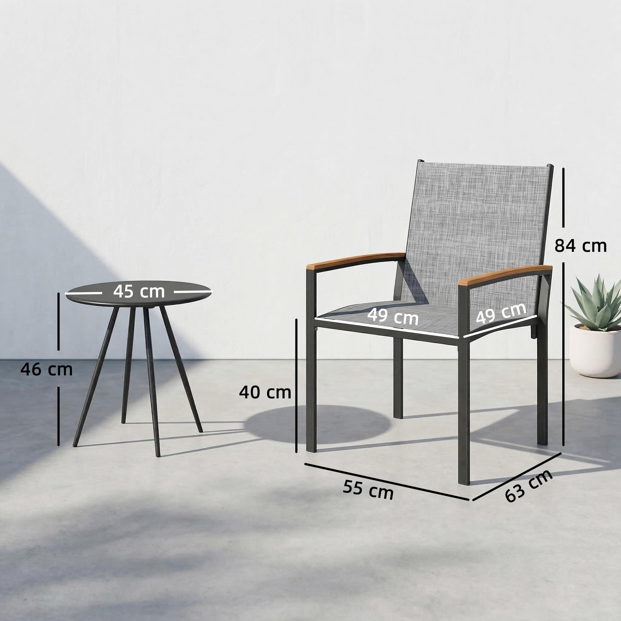Outsunny Set da Bistrò da 3 Pezzi, Set da Giardino con 2 Sedie Texteline, Tavolo con Piano Metallo, Braccioli Decorativi, Set di Mobili da Giardino in Acciaio, per Patio Balcone Terrazzo, Grigio Misto