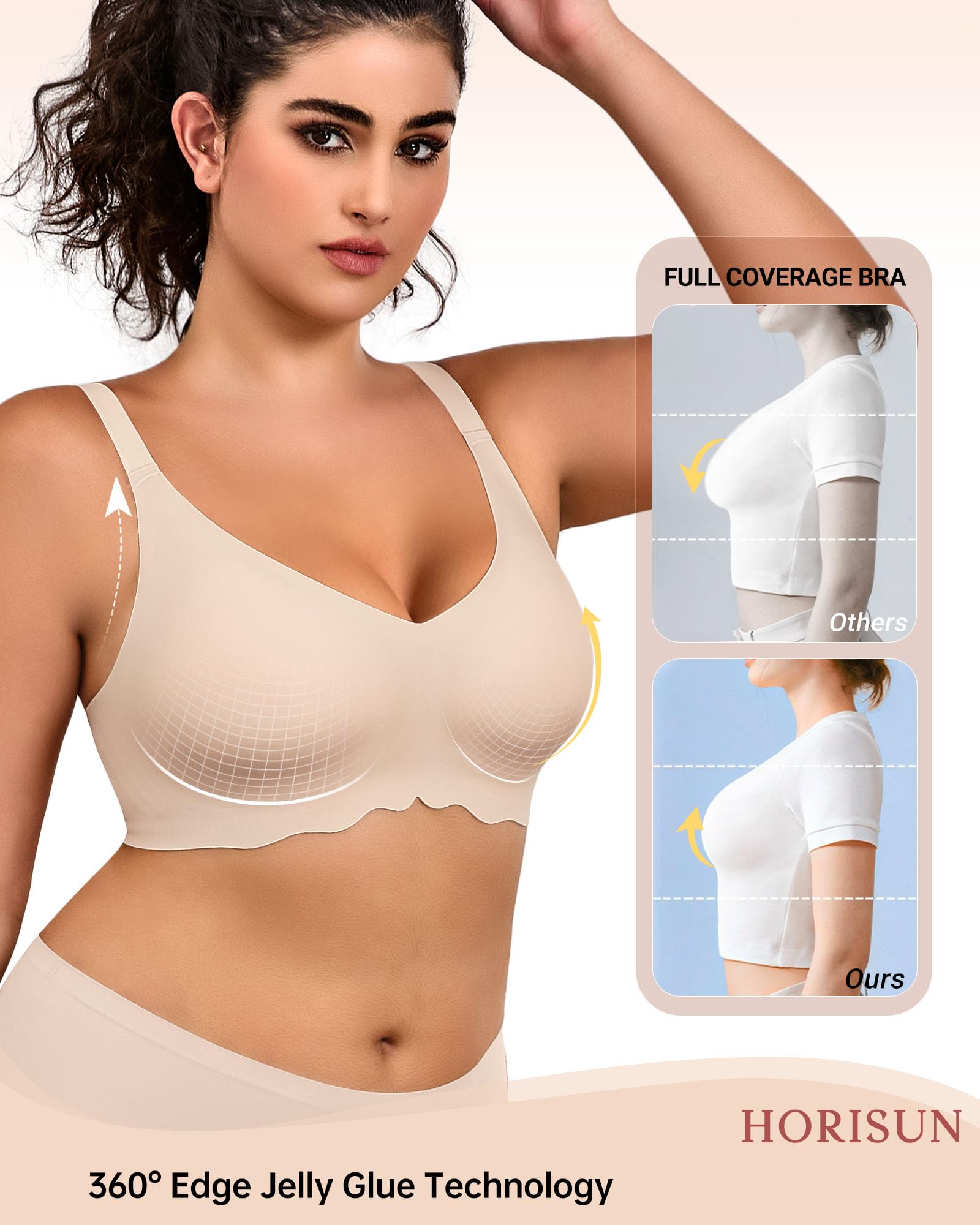 HORISUN Bügelloser BH Damen, Nahtlos 3D Jelly Strip, Push up mit starker Halt, Anti-Achselbeulen, Ideal für Schlaf, Yoga & Alltag