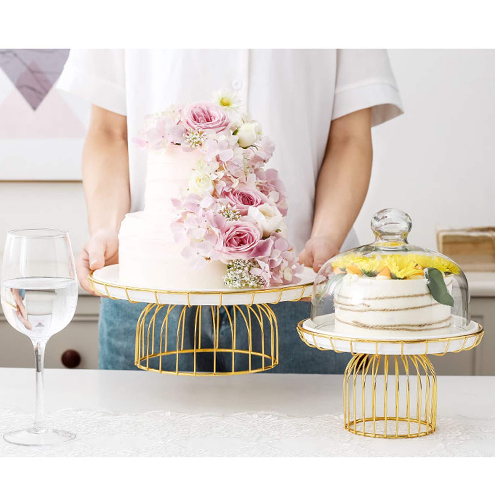 Tapa para el microondas,Bandejas de repostería para el hogar con Tapa, Soportes de exhibición de Pasteles para Fiestas de té de la Tarde, Placas Redondas de cerámica, Cubierta de cúpula de v
