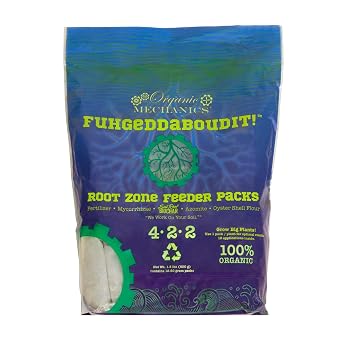 Organic Mechanics 4-2-2 Fuhgeddaboutit! Root Zone Feeder Packs Pack of 12 - Fertilizer Blend Promotes Plant Growth with Mycorrhizae, Biochar, and Micronized Oyster Shell - Eco-Friendly